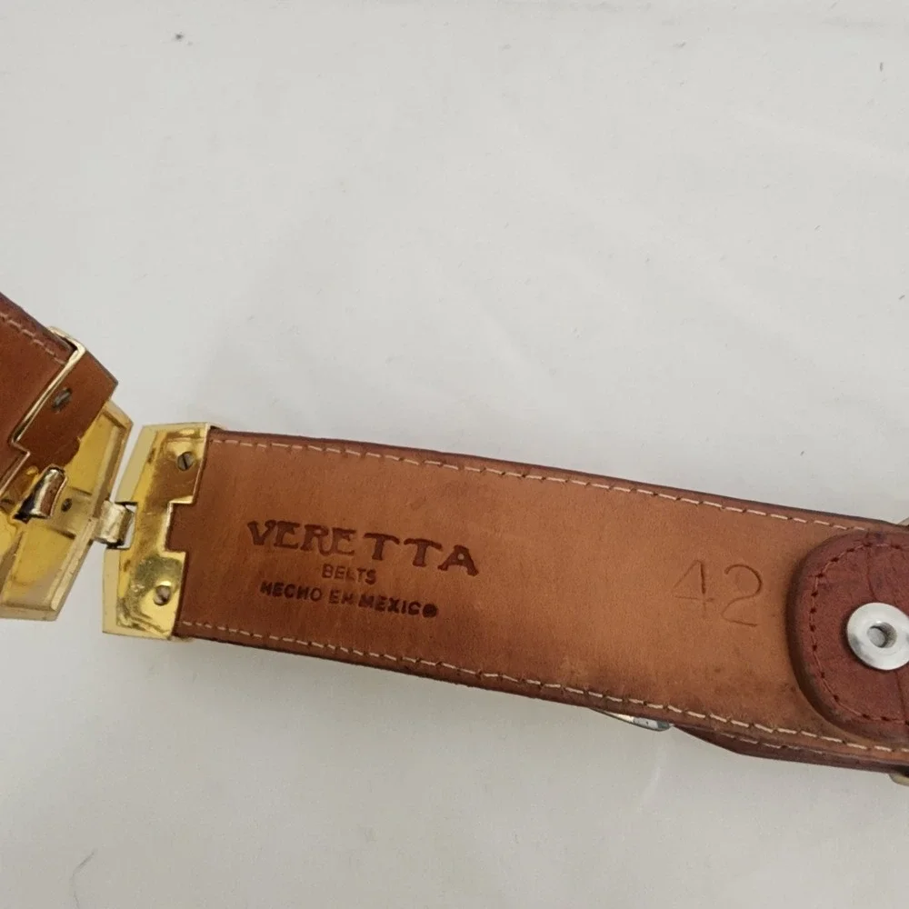 Veretta Leather Belt 42 Western Mexico Caiman Embossed Metal Hinge Lion Brown